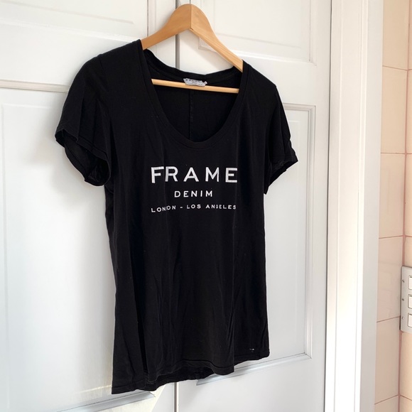FRAME Denim Black V-Neck Logo Tee - Picture 3 of 7